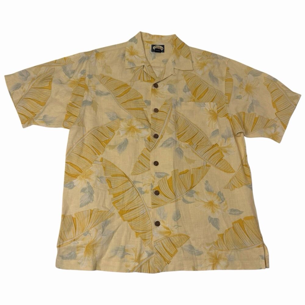 Vintage Tommy Bahama Linen Hawaiian Shirt Mens S Banana Leaf Resort Camp EUC